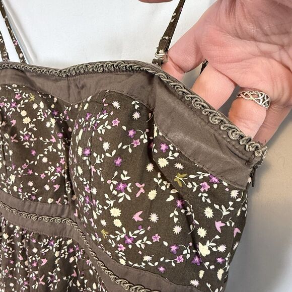 VTG Y2k Brown Dark Florals Embroidered Mini Dress Fairy Whimsy Cotton SIZE SMALL - Picture 6 of 13